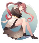 1girl alternate_costume asagumo_(kancolle) black_footwear black_ribbon boots brown_hair closed_eyes commentary_request full_body hair_ribbon hair_rings kantai_collection legs long_hair ribbon shakemi_(sake_mgmgmg) smile solo twintails two-tone_dress