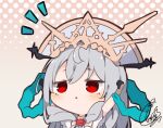 1girl :&lt; arknights arms_up bangs beni_shake blush brown_background chibi commentary_request gradient_background grey_hair grey_headwear hair_between_eyes halftone halftone_background long_hair looking_away looking_up parted_lips red_eyes signature skadi_(arknights) skadi_the_corrupting_heart_(arknights) solo triangle_mouth upper_body