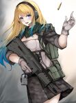 1girl absurdres bandana black_thighhighs blonde_hair blue_eyes blue_hair breasts camouflage cleavage gloves gradient_hair gun headset highres holding indie_virtual_youtuber long_hair looking_at_viewer marche_mk14 medium_breasts multicolored_hair open_mouth pouch skirt solo syringe thigh-highs virtual_youtuber weapon zeta_(vtuber)