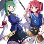 2girls :o absurdres black_skirt blue_eyes blue_vest bright_pupils closed_mouth coin english_commentary green_hair hair_bobbles hair_ornament highres holding holding_scythe juliet_sleeves long_sleeves looking_at_viewer multiple_girls obi onozuka_komachi open_mouth puffy_sleeves red_eyes red_hair redhead ribbon-trimmed_skirt ribbon_trim rod_of_remorse sash scythe shiki_eiki short_hair simple_background skirt smile spam_(spamham4506) touhou two_side_up vest white_background white_pupils