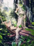  1girl :o alpha_beast armlet bangs bare_shoulders barefoot blurry blurry_foreground blush bush cross-shaped_pupils dappled_sunlight detached_sleeves dress female_child forest genshin_impact green_eyes green_sleeves highres holding light long_hair looking_at_viewer nahida_(genshin_impact) nature open_mouth plant pointy_ears side_ponytail sitting sleeveless sleeveless_dress socks solo stirrup_footwear sunlight toeless_footwear tree white_dress white_hair white_socks 
