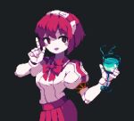  1girl 4qw5 android black_background bow cocktail cocktail_glass cup dorothy_haze drinking_glass english_commentary holding holding_cup index_finger_raised joints looking_at_viewer maid_headdress open_mouth pixel_art red_eyes redhead robot_joints shirt short_hair simple_background skirt solo upper_body va-11_hall-a white_shirt 