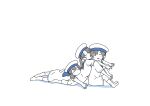 3girls absurdres black_hair blue_sailor_collar closed_eyes daitou_(kancolle) dress hat hiburi_(kancolle) highres kantai_collection leaning_on_person low_ponytail lying madmag1990 monochrome multiple_girls negative_space on_stomach sailor_collar sailor_dress sailor_hat short_hair short_sleeves shounan_(kancolle) sidelocks twintails white_dress white_headwear