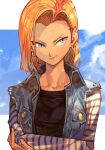 1girl android_18 arms_under_breasts blonde_hair blue_eyes blue_sky clouds crossed_arms denim denim_jacket dragon_ball dragon_ball_z earrings hankuri jacket jewelry looking_to_the_side medium_hair sky sleeveless sleeveless_jacket smile smirk solo striped_sleeves torn_clothes torn_sleeves upper_body