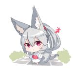 1girl absurdres animal_ear_fluff animal_ears autumn_leaves bangs barefoot blush chibi commentary_request eyebrows_visible_through_hair fox_ears fox_girl fox_tail full_body grey_hair hair_between_eyes highres japanese_clothes kimono leaf long_hair long_sleeves looking_at_viewer maple_leaf obi original parted_lips ponytail red_eyes sash simple_background solo standing tail very_long_hair white_background white_kimono wide_sleeves yuuji_(yukimimi)