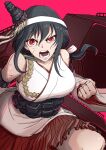 1girl angry black_hair boushi-ya breasts commentary_request cowboy_shot detached_sleeves hair_ornament headgear japanese_clothes kantai_collection large_breasts long_hair looking_at_viewer machinery nontraditional_miko open_mouth pleated_skirt red_eyes red_skirt skirt solo teeth yamashiro_(kancolle)