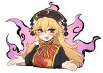 1girl :d black_dress blonde_hair blush chinese_clothes dress energy hat headdress junko_(touhou) long_hair long_sleeves nyong_nyong open_mouth red_eyes ringed_eyes shrugging simple_background smile solo tabard touhou upper_body white_background