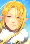 1girl artist_name bangs blonde_hair blue_background close-up eorinamo green_eyes hair_ornament hairclip highres light_smile long_hair looking_at_viewer outdoors parted_bangs pointy_ears princess_zelda smile solo the_legend_of_zelda the_legend_of_zelda:_breath_of_the_wild triforce upper_body