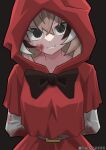 1girl artist_name belt black_bow black_eyes black_hair blood blood_on_clothes blood_on_face bow brown_belt brown_hair cosplay highres hololive hololive_english hood little_red_riding_hood_(grimm) little_red_riding_hood_(grimm)_(cosplay) looking_at_viewer multicolored_hair nanashi_mumei red_hood smile solo streaked_hair twitter_username virtual_youtuber white_hair white_sleeves zenox5300