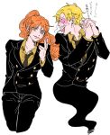1boy 1girl :d black_pants black_suit blonde_hair blush cigarette cosplay formal heart heart-shaped_eyes highres holding holding_cigarette long_hair long_sleeves looking_at_another mike_(tomatomato244) nami_(one_piece) necktie one_piece orange_hair own_hands_clasped own_hands_together pants ponytail sanji_(one_piece) sanji_(one_piece)_(cosplay) shirt smile suit white_background yellow_shirt
