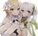 2girls bangs bare_shoulders blonde_hair blush carrying commentary coria cross-shaped_pupils detached_sleeves dress embarrassed fingerless_gloves flower genshin_impact gloves gradient_hair green_eyes green_hair hair_between_eyes hair_flower hair_ornament highres long_hair looking_at_viewer lumine_(genshin_impact) multicolored_hair multiple_girls nahida_(genshin_impact) open_mouth pointy_ears princess_carry short_hair_with_long_locks side_ponytail simple_background sleeveless smile symbol-only_commentary white_background white_dress white_flower white_hair yellow_eyes