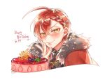 1boy :3 ahoge bangs black_necktie blueberry blush braid braided_bangs bungou_to_alchemist cake cape crossed_bangs dazai_osamu_(bungou_to_alchemist) flower food fruit fur-trimmed_cape fur_trim hair_flower hair_ornament hairclip hand_up happy_birthday looking_at_viewer male_focus necktie raspberry red_cape redhead short_hair simple_background smile solo strawberry tasikanakoto upper_body v-shaped_eyebrows white_background yellow_eyes