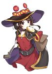  1girl bandages belt black_cape black_choker black_gloves black_hair black_headwear cape choker collarbone cropped_legs dress eating fingerless_gloves fried_egg gloves hat holding holding_staff kono_subarashii_sekai_ni_shukufuku_wo! long_sleeves looking_at_viewer megumin mouth_hold red_dress red_eyes simple_background solo staff wa_ki_ya_ku white_background witch_hat 