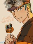 1boy blonde_hair blue_eyes blue_fire blue_hair blush brown_background candy commentary_request fire food forked_eyebrows from_side gradient gradient_background halloween happy_halloween hat highres holding holding_candy holding_food jack-o&#039;-lantern_ornament looking_at_viewer male_focus necktie parted_lips police_hat sakimori_toji scar scar_on_cheek scar_on_face short_hair sideburns smile solo thick_eyebrows tokyo_afterschool_summoners twitter_username upper_body yokujitsu_(yokuzi_41)