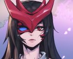 1girl bangs black_hair blue_sclera closed_mouth colored_sclera commentary genderswap genderswap_(mtf) league_of_legends long_hair mask petals phantom_ix_row portrait red_eyes shiny shiny_hair solo symbol-only_commentary tree yone_(league_of_legends)