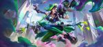 1girl :d absurdres asymmetrical_bangs bangs black_gloves blue_footwear blue_pants boots braid building character_name chromacrash_jinx collarbone day earrings explosive fingerless_gloves gatling_gun gloves goggles goggles_on_head gragas green_eyes green_hair green_pants grenade highres holding jewelry jinx_(league_of_legends) league_of_legends long_hair minigun multicolored_hair multicolored_pants official_art open_mouth outdoors pants pink_footwear purple_lips rocket_launcher second-party_source shoes smile solo solo_focus tentacle_hair very_long_hair weapon