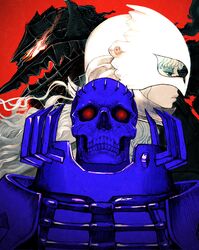 3boys armor berserk berserker_armor blue_eyes commentary commentary_request facing_viewer glowing glowing_eyes griffith_(berserk) guts_(berserk) helmet highres long_hair male_focus multiple_boys nisino2222 red_background red_eyes skeleton skull_knight_(berserk) wavy_hair white_hair