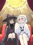 2girls :d :o akichi_mashiro bangs black_cloak black_headwear black_shirt black_skirt black_socks blush brown_eyes brown_hair cloak commentary_request eye_contact feet_out_of_frame ghost_costume halloween hands_up hat highres hood hood_up illyasviel_von_einzbern kibisake long_hair long_sleeves looking_at_another multiple_girls open_mouth original parted_lips pink_eyes pleated_skirt shirt short_eyebrows sitting skirt sleeves_past_fingers sleeves_past_wrists smile socks thick_eyebrows torii_koyomi very_long_hair white_hair witch_hat