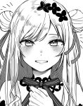 1girl bangs blush double_bun eyebrows_hidden_by_hair greyscale hair_bun hair_ribbon halterneck hand_on_own_chest highres long_hair midori_(xs7slx) mole mole_under_eye monochrome nijisanji nijisanji_kr parted_lips portrait ribbon seffyna smile solo straight-on virtual_youtuber white_background