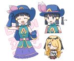 2girls :d arrow_(symbol) bangs black_hair blue_capelet blue_gloves blue_headwear capelet clenched_hands closed_eyes commentary_request cynthia_(pokemon) cynthia_(sygna_suit)_(renegade)_(pokemon) dawn_(sygna_suit)_(pokemon) gloves green_vest hat hat_ribbon highres hikari_(pokemon) k_imchae korean_commentary korean_text multiple_girls official_alternate_costume open_mouth pokemon pokemon_(game) pokemon_masters_ex purple_belt purple_skirt ribbon skirt smile translation_request vest white_background