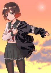 1girl absurdres black_jacket black_pantyhose brown_eyes brown_hair clouds cloudy_sky cowboy_shot crescent crescent_pin gradient_hair green_sailor_collar green_skirt haida_katsuretsu highres jacket kantai_collection long_sleeves multicolored_hair mutsuki_(kancolle) mutsuki_(kantai_collection) mutsuki_kai_ni_(kancolle) neckerchief pantyhose red_neckerchief redhead remodel_(kantai_collection) sailor_collar school_uniform serafuku shirt short_hair skirt sky solo sunset white_shirt