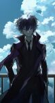 1boy absurdres backlighting bandage_over_one_eye bandaged_neck bandages black_coat black_hair black_jacket black_necktie black_pants black_suit blue_sky bungou_stray_dogs closed_mouth cloud clouds coat day dazai_osamu_(bungou_stray_dogs) empty_eyes formal grey_eyes half-closed_eyes hands_in_pockets highres jacket looking_at_viewer male_focus necktie nozz177 outdoors pants railing shirt sky smile solo suit white_shirt wing_collar
