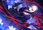 1girl artoria_pendragon_(all) artoria_pendragon_(fate) bangs black_dress black_ribbon blonde_hair breasts closed_mouth dress excalibur_morgan_(fate) fate/grand_order fate_(series) flower gogatsu_fukuin hair_ribbon holding holding_sword holding_weapon long_dress long_sleeves looking_at_viewer red_eyes ribbon saber_alter simple_background small_breasts solo sword weapon white_flower