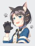 1girl :d animal_ear_fluff animal_ears animal_hands apple_(zdj0266) aqua_eyes armband bangs black_bow black_bowtie blue_jacket blush bow bowtie braid brown_hair cat_ears commentary cropped_shirt fang french_braid gloves gradient gradient_background grey_shirt hair_ornament hairclip high_collar highres hololive jacket kemonomimi_mode long_sleeves looking_at_viewer oozora_subaru open_mouth paw_gloves paw_pose pinstripe_pattern pinstripe_shirt shirt short_hair skin_fang sleeveless sleeveless_shirt smile solo star_(symbol) striped striped_shirt swept_bangs upper_body vertical-striped_shirt vertical_stripes virtual_youtuber