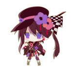 1girl ace_tic brown_hair brown_headwear brown_kimono checkered_clothes chibi dot_mouth flower full_body hat japanese_clothes kimono long_hair long_sleeves obi original pink_flower purple_flower sash simple_background solo transparent_background usagi_nui violet_eyes
