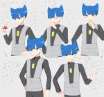 1boy animal_ears arrow_(symbol) bangs black_pants black_shirt blue_eyes blue_hair blunt_bangs cat_ears closed_eyes closed_mouth commentary_request grey_background grey_vest hand_on_hip hand_on_own_chin hand_up highres holding holding_poke_ball logo long_sleeves male_focus multiple_views ohn_pkmn open_mouth pants poke_ball poke_ball_(basic) pokemon pokemon_(game) pokemon_dppt saturn_(pokemon) shirt short_hair smile speech_bubble stroking_own_chin translation_request two_side_up vest