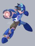 1boy absurdres arm_cannon blue_eyes brown_hair brown_shorts character_request check_character check_copyright child clenched_hand clenched_teeth copyright_request fantasy gradient gradient_background grey_background highres male_child male_focus mechanical_arms mega_man_(character) mega_man_(series) science_fiction shirt short_hair shorts simple_background solo tanaka_(is2_p) teeth transforming weapon white_shirt