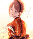 1boy absurdres black_headband blue_eyes brown_hair earrings gradient gradient_background hairband headband highres jacket jewelry long_sleeves luxiem male_focus mysta_rias nijisanji nijisanji_en open_clothes open_jacket orange_shirt shirt short_hair smile solo striped striped_shirt sweetmeloday virtual_youtuber