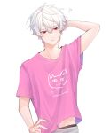 1boy ainu0816 bangs clothes_lift grey_hair grey_pants hair_between_eyes highres kuzuha_(nijisanji) male_focus male_underwear midriff nijisanji pants pink_shirt pointy_ears red_eyes shirt shirt_lift short_sleeves solo stomach t-shirt underwear virtual_youtuber white_background white_hair