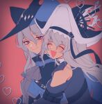 2girls :d ^_^ arknights ascot bare_shoulders black_dress blush closed_eyes dress fang grey_ascot grey_hair hat heart highres hug loli long_hair looking_at_viewer multiple_girls official_alternate_costume open_mouth orz_(kagewaka) red_background red_eyes simple_background skadi_(arknights) smile specter_(arknights) specter_the_unchained_(arknights) upper_body very_long_hair yuri
