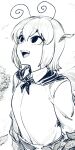 1girl antennae breasts cape greyscale looking_up monochrome open_mouth short_hair signature small_breasts smile solo spacezin touhou upper_body wriggle_nightbug