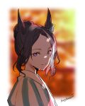 1girl animal_ears black_hair blue_ribbon blurry blurry_background braid braided_bun butterfly_hair_ornament closed_mouth commentary_request depth_of_field ear_ribbon forehead from_side hair_bun hair_ornament horse_ears japanese_clothes kimono kochou_shinobu kuzumochi_(kuzumochiya) looking_at_viewer looking_to_the_side mejiro_ramonu_(umamusume) multicolored_hair purple_eyes ribbon sidelocks signature smile solo streaked_hair striped striped_kimono umamusume upper_body vertical-striped_kimono vertical_stripes violet_eyes white_hair