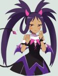  1girl :q armlet bangs bare_shoulders black_dress blush brown_eyes closed_mouth commentary_request dark-skinned_female dark_skin dress eyelashes gradient gradient_background grey_background hair_rings halloween_costume hands_up highres iris_(fall_2022)_(pokemon) iris_(pokemon) long_hair official_alternate_costume ohn_pkmn pokemon pokemon_(game) pokemon_masters_ex pokemon_wings purple_hair smile solo tail tongue tongue_out twintails wrist_cuffs 