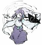 1girl akinomiya_asuka blue_ribbon champaign_of_unfinished_dreams colored_skin commentary_request detached_sleeves flat_chest japanese_clothes kadenokouji_mizuho medium_hair origami paper_crane purple_hair purple_skirt ribbon shirt simple_background sketch skirt sleeves_past_fingers sleeves_past_wrists solo touhou violet_eyes white_background white_shirt white_skin white_sleeves