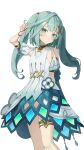 1girl absurdres aqua_hair arm_behind_back arm_up bare_shoulders blush closed_mouth clothing_cutout dot_nose dress faruzan_(genshin_impact) genshin_impact green_eyes green_hair hair_ornament head_tilt highres holding holding_hair jewelry long_hair looking_at_viewer neck_ring pellas_(panix2383) short_sleeves shoulder_cutout simple_background skirt_cutout solo standing thighlet thighs twintails white_background white_dress x_hair_ornament