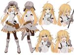 1girl 6+girls @_@ ahoge artoria_caster_(fate) artoria_caster_(first_ascension)_(fate) artoria_pendragon_(fate) bangs belt belt_bag black_pantyhose blonde_hair blush boots breasts brown_belt buttons closed_eyes closed_mouth fur_hat gloves green_eyes grey_footwear grey_gloves grey_headwear hair_between_eyes hat highres holding holding_weapon long_fall_boots long_hair looking_at_viewer multiple_girls namiharuru open_mouth packet pantyhose small_breasts smile teeth twintails ushanka vest weapon white_background white_vest