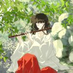 1girl bangs black_hair blunt_bangs chinese_commentary closed_eyes collarbone commentary dot_mouth flute forest green_theme hakama holding holding_instrument huanjing_wutuobang instrument inuyasha japanese_clothes kikyou_(inuyasha) leaf limited_palette long_hair long_sleeves miko music nature outdoors playing_flute playing_instrument red_hakama rock sitting sitting_on_person solo