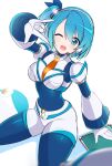 1girl ;d \n/ absurdres android aria. bangs blue_bodysuit blue_eyes blue_hair bodysuit gloves hair_between_eyes headphones headset highres looking_at_viewer mega_man_(series) mega_man_x_(series) mega_man_x_dive multicolored_hair one_eye_closed open_mouth rico_(mega_man) side_ponytail smile solo thighhighs two-tone_hair white_background white_gloves