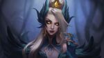1girl absurdres bangs bare_shoulders black_gloves blonde_hair blurry blurry_background claw_ring commentary_request coven_zyra feather_trim gem gloves glowing glowing_eyes hair_ornament hand_up highres league_of_legends long_hair qinhuaiyu_(sihouette) red_lips shiny shiny_hair shiny_skin smile solo yellow_eyes zyra