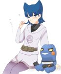 1girl animal_ears arm_support bangs black_shirt blue_eyes blue_hair blunt_bangs blush cat_ears closed_mouth coin_(pokemon) commentary_request croagunk hand_up highres jacket long_sleeves ohn_pkmn pantyhose pearl_clan_outfit pokemon pokemon_(creature) pokemon_(game) pokemon_legends:_arceus purple_pantyhose shirt sitting skirt translation_request white_background white_jacket white_skirt