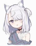 1girl animal_ear_fluff animal_ears bandaged_chest bandages bare_shoulders blush cat_ears cat_girl gradient gradient_background hair_ornament hairclip highres looking_at_viewer medium_hair off_shoulder one_side_up original parted_lips satou_(3366_s) solo violet_eyes white_hair wing_hair_ornament
