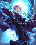 1boy :d ascot bangs beckoning black_ascot black_gloves black_pants black_robe cape circlet circus66 cross ensemble_stars! feet_out_of_frame flower gloves grey_cape happy_birthday holding holding_flower itsuki_shu light_particles lily_(flower) looking_at_viewer male_focus neck_ribbon pants pink_hair purple_ribbon ribbon robe short_hair smile solo stained_glass teeth two-sided_fabric upper_teeth violet_eyes white_flower white_lily