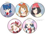 5girls :d alternate_costume bangs beanie black_hair blue_eyes blue_hair blunt_bangs blush bow_hairband brown_hair candy_apple closed_mouth coin_(pokemon) collarbone commentary_request cup double_v eating food food_on_face grey_kimono hairband hand_up hands_up haruka_(pokemon) hat heart highres hikari_(pokemon) holding holding_cup japanese_clothes kimono kotone_(pokemon) lyra_(pokemon) may_(pokemon) medium_hair multiple_girls ohn_pkmn one_eye_closed open_mouth outline pachirisu parted_lips pokemon pokemon_(creature) pokemon_(game) pokemon_dppt pokemon_hgss pokemon_legends:_arceus pokemon_oras pokemon_sm red_headwear red_scarf scarf selene_(pokemon) shirt sleeveless sleeveless_shirt smile translation_request twintails v white_headwear