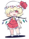 1girl ascot bangs blonde_hair blush bow chibi collared_shirt commentary_request crystal crystal_wings dress_shirt fang flandre_scarlet fried_rice0614 frilled_skirt frilled_sleeves frills hair_between_eyes hat hat_bow highres looking_at_viewer medium_hair mob_cap one-hour_drawing_challenge one_eye_closed open_mouth puffy_short_sleeves puffy_sleeves red_bow red_eyes red_skirt red_vest shirt shoes short_sleeves simple_background skirt smile socks solo standing touhou vest white_background white_headwear white_shirt white_sleeves wings yellow_ascot