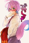 1boy aged_down blush chiori_(dd07mw) glasses gradient gradient_background green_eyes lizard_tail male_focus monsters_inc. monsters_university personification purple_hair randall_boggs roar_omega_roar shirt short_hair solo tail tears wet wet_clothes wet_shirt