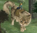 1boy absurdres animal blonde_hair cat commentary english_commentary grass highres kamimon2016 link mixed-language_commentary nature outdoors oversized_animal riding scenery the_legend_of_zelda the_legend_of_zelda:_breath_of_the_wild tree